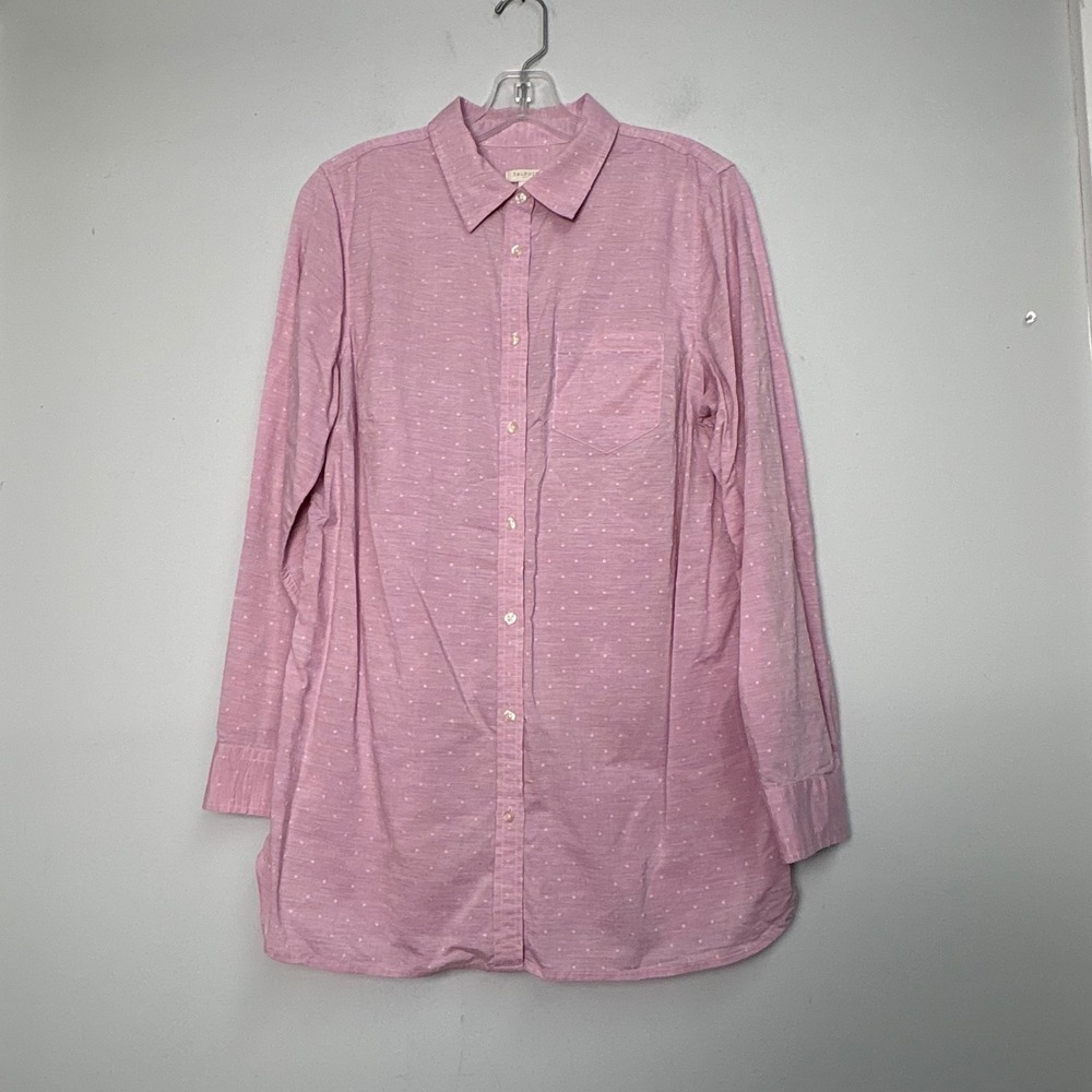 Talbots Womens Medium Pink Swiss Dot Long Sleeve Button Front Tunic Shirt Cotton